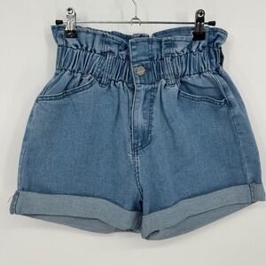 Nasty Gal Collection Denim Paperbag Waist Shorts Blue Rolled Cuff Size 6